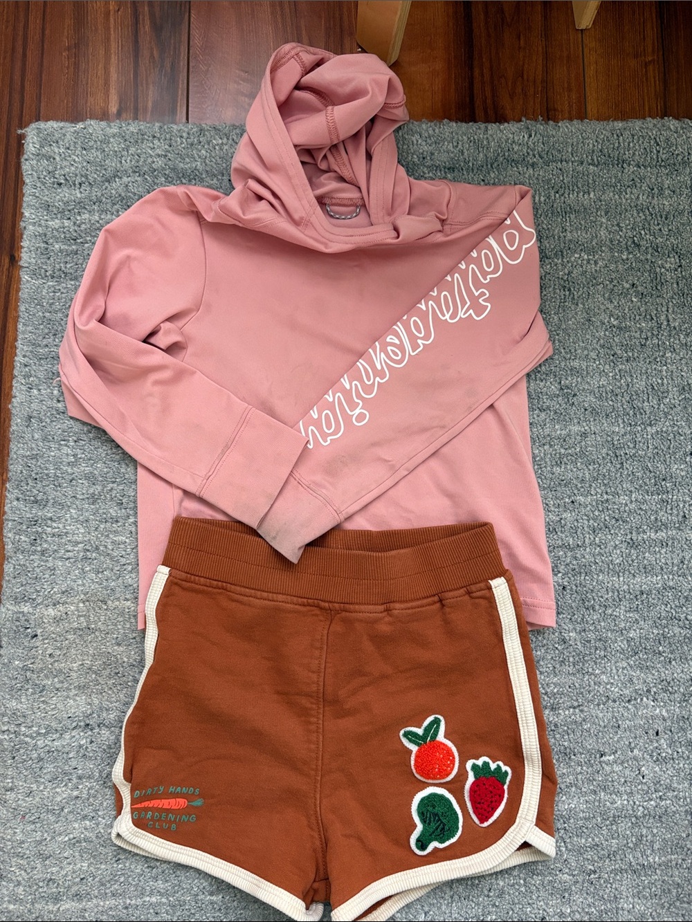 Patagonia Pink Hoodie with Rust Shorts
